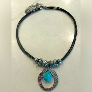Chicos Turquoise and Silver Necklace Leather 18" with extender